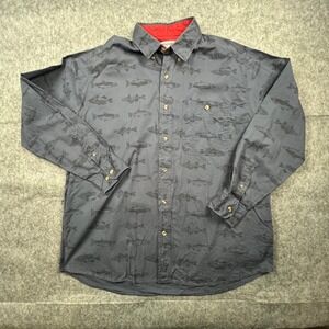 Wrangler Rugged Wear Mens XL Fish Print Button Down Shirt Charcoal Grey Long Slv